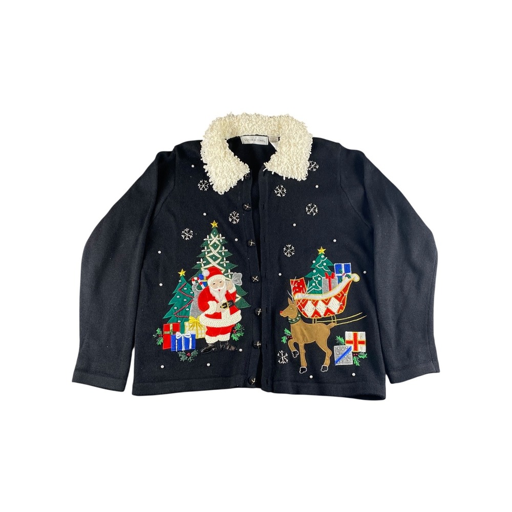 VTG Victoria Jones Ugly Christmas Sweater Women's Medium Santa Reindeer Cardigan